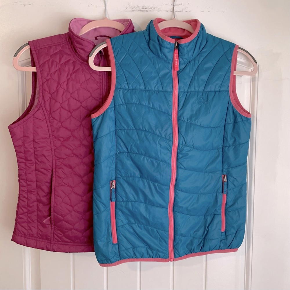 Bundle 2 L.L. Bean Preppy Pink/Blue & Magenta Quilted Vests in EUC Sz L 14-16